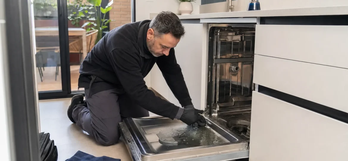Técnico revisando un lavavajillas que no desagua con agua en el fondo de la cuba en una cocina de Rivas-Vaciamadrid
